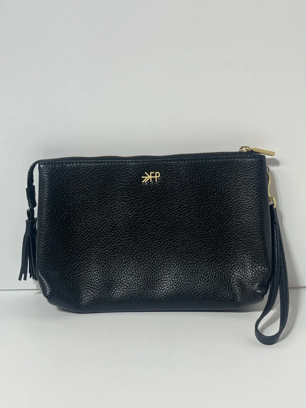 Freshly Picked Black Faux Leather Wristlet Clutch Gold Logo Tassel Strap